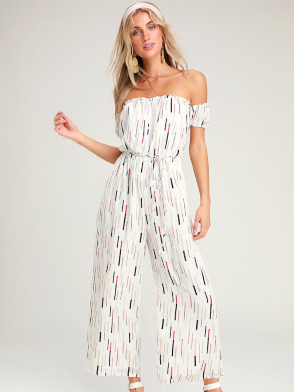 Lulus True Radiance White Multi Print Off-the-shoulder Jumpsuit - Size XS